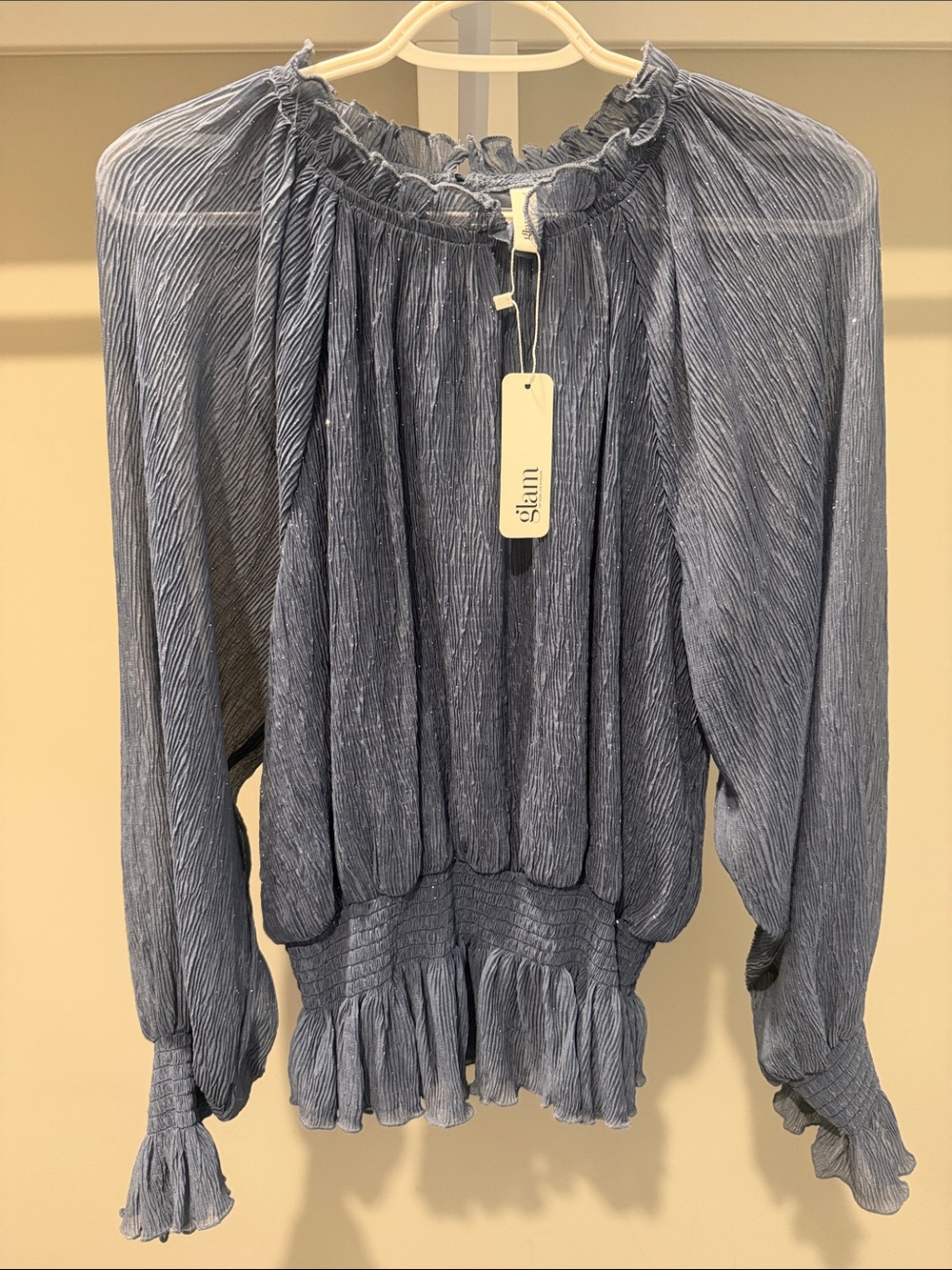 glam Dusty Blue Long-Sleeve Ruffle Hem Blouse